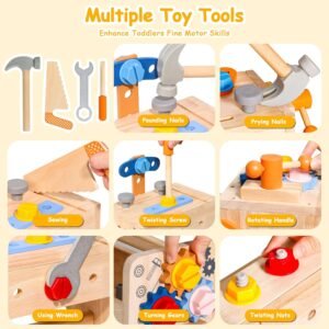 TONZE Kids Tool Set with Apron, Wooden Toddler Tool Bench Box Montessori Toys for 2 3 4 Year Old Boys Girls, 39 PCS Educational Construction Toys Pretend Play Toddler Toys 3 4 5 Year Old Birthday Gift 14 TONZE Kids Tool Set with Apron, Wooden Toddler Tool Bench Box Montessori Toys for 2 3 4 Year Old Boys Girls, 39 PCS Educational Construction Toys Pretend Play Toddler Toys 3 4 5 Year Old Birthday Gift - Image 5