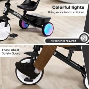 Bobike Toddler Tricycle for Ages 2-5 Years, Tricycle with 2 LED Light Wheels, Toddler Bike with 3-Position Seat and Rear Basket, Kids Bike Gift for Boys & Girl (Black) - Image 5