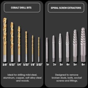 REXBETI 26-Piece Bolt Extractor Screw Extractor Set and Cobalt Drill Bit Set, Case with 13-Piece Bolt Extractor, 6-Piece HSS Drill Bit, 6-Piece Spiral Screw Extractor and 1-Piece Socket Adapter - Image 3