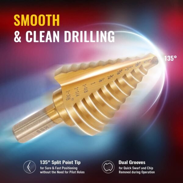 ZELCAN 10 Sizes Titanium Step Drill Bit, 1/4 to 1-3/8 Inches High Speed Steel Drill Cone Bits for Sheet Metal Hole Drilling Cutting, HSS Multi Size Hole Stepped Up Unibit for DIY Lovers Electrician 5 71oEF++uw9L. SL1500