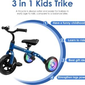YGJT 3 in 1 Lighting Tricycle for Toddlers Age 2-5 Years Old, Folding Kids Balance Bike with Adjustable Seat and Removable Pedal, Toddler Bike Ride-on Toys for Infant, Gifts for Baby Boys Girls(Blue) 13 YGJT 3 in 1 Lighting Tricycle for Toddlers Age 2-5 Years Old, Folding Kids Balance Bike with Adjustable Seat and Removable Pedal, Toddler Bike Ride-on Toys for Infant, Gifts for Baby Boys Girls(Blue) - Image 5