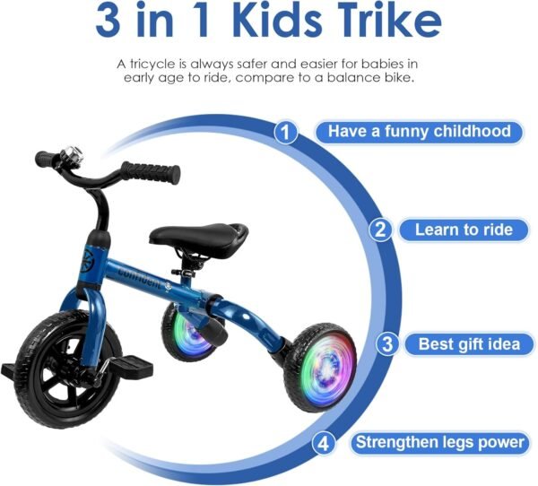 YGJT 3 in 1 Lighting Tricycle for Toddlers Age 2-5 Years Old, Folding Kids Balance Bike with Adjustable Seat and Removable Pedal, Toddler Bike Ride-on Toys for Infant, Gifts for Baby Boys Girls(Blue) 5 71oZupRYcYL. AC SL1500