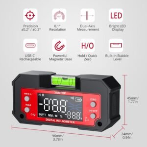 Digital Angle Finder Tool Dual Axis X-axis of 4×90° and Y-axis of ±60° Powerful Magnetic Base Level Box Type-C Rechargeable Digital Inclinometer with LED Display for Woodworking Table Saw - Image 3