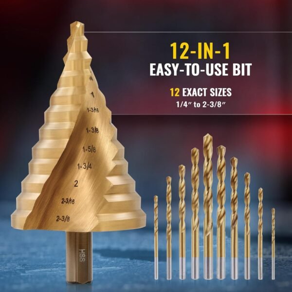 ZELCAN Large HSS Spiral Groove Step Drill Bit, 12 Sizes Titanium High Speed Steel 1/4" to 2-3/8" Drill Bit for Sheet Aluminium Metal Wood Hole Drilling, Big Multiple Hole Stepped Up Bit for DIY Lovers 3 71qKGH5Lv+L. SL1500