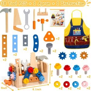 TONZE Kids Tool Set with Apron, Wooden Toddler Tool Bench Box Montessori Toys for 2 3 4 Year Old Boys Girls, 39 PCS Educational Construction Toys Pretend Play Toddler Toys 3 4 5 Year Old Birthday Gift 13 TONZE Kids Tool Set with Apron, Wooden Toddler Tool Bench Box Montessori Toys for 2 3 4 Year Old Boys Girls, 39 PCS Educational Construction Toys Pretend Play Toddler Toys 3 4 5 Year Old Birthday Gift - Image 4