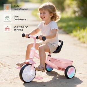 Bobike Toddler Tricycle for Ages 2-5 Years, Tricycle with 2 LED Light Wheels, Toddler Bike with 3-Position Seat and Rear Basket, Kids Bike Gift for Boys & Girl (Pink) - Image 8