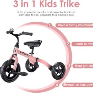 YGJT 3 in 1 Tricycle for Toddlers Age 2-5 Years Old, Folding Kids Balance Bike with Adjustable Seat and Removable Pedal, Toddler Bike Ride-on Toys for Infant, Gifts for Baby Girls Birthday(Pink) 13 YGJT 3 in 1 Tricycle for Toddlers Age 2-5 Years Old, Folding Kids Balance Bike with Adjustable Seat and Removable Pedal, Toddler Bike Ride-on Toys for Infant, Gifts for Baby Girls Birthday(Pink) - Image 4