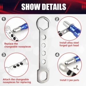 Rivet Gun Adapter Kit,Professional Riveting Insert Nut Hand Tool Kit,2.4/3.2/4.0/4.8mm Diameter Rivet Head, Aluminum Housing, Fit for Cordless Drill,Sheet Metal Work - Image 5