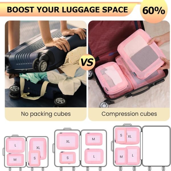 4 Set Ultralight Compression Packing Cubes Travel for Suitcases ,Compressible Mesh Packing Cubes for Travel Women Packing Organizers (Pink) 9 813 M3fcteL. AC SL1500