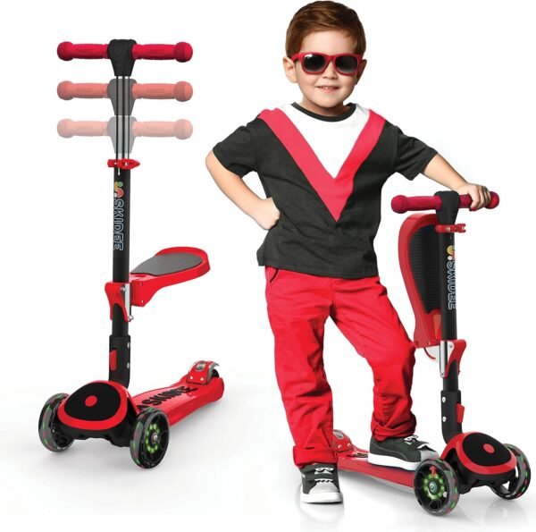 SKIDEE Kick Scooters for Kids Ages 3-5, Adjustable Height Foldable Scooter with Removable Seat, 3 LED Light Wheels, Rear Brake, Wide Standing Board, Suitable Up to 12 Year Old Boys/Girls 2 8195 T6AslL. AC SL1500