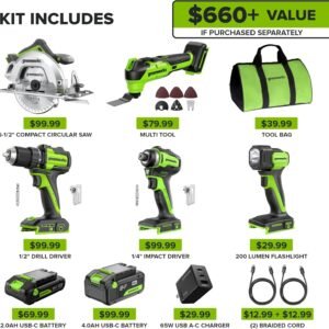 GREENWORKS 24V (5-TOOL) Combo (Drill + Impact Driver + Circular Saw + Multi-Tool + Flashlight), 4.0Ah + 2.0Ah (24,000mAh Power Bank) Batteries, (2) Cables, 65W Rapid Charger - Image 3