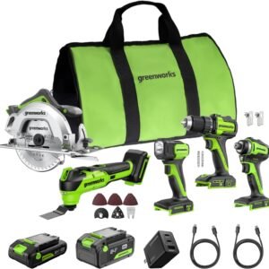 GREENWORKS 24V (5-TOOL) Combo (Drill + Impact Driver + Circular Saw + Multi-Tool + Flashlight), 4.0Ah + 2.0Ah (24,000mAh Power Bank) Batteries, (2) Cables, 65W Rapid Charger - Image 2