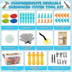 196 PCS Cardboard Cutter for Kids, Reusable Safe Cardboard Tools for Kids with Box, Gloves, Screws, Connectors, Screwdrivers, Saws, Educational Toys for 5 6 7 8 Year Old, Birthday Gift for Boys Girls - Image 3