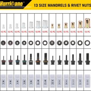 HURRICANE 16” Rivet Nut Tool, Hand Rivet Nut Tool with 13 Metric and SAE Mandrels, 130Pcs Threaded Rivet Nuts, Auto Release Nutsert Rivnut Tool, Durable Riveter Nutsert Hand Tool, Sturdy Plastic Case - Image 4