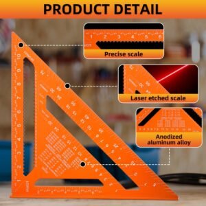 Aluminum 12 Inch Rafter Square, Carpenter Measuring Layout Tool, Alloy Metal Triangle Ruler Imperial Protractor for Woodworking and Carpentry - Orange - Image 3
