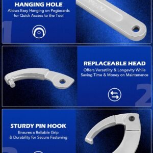 Orion Motor Tech 8pc Adjustable Pin Spanner Wrench Tool Set, Spanner Nut Wrench Tools with Changeable Heads for Pipes Heating Cars, Coilover Hook Wrenches for Suspension System, 3/4" to 6-1/10" - Image 5