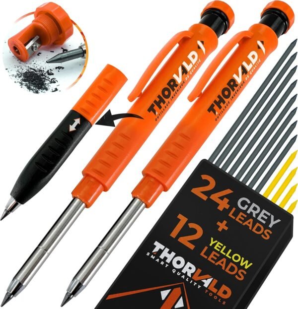 THORVALD 2 Carpenter Pencils Set for Construction - Incl. 38 Leads + Sharpener + Finger Grip - Solid Mechanical Pencils with Fine Point/Best Marking tools Construction/Carpenters/Scriber 2 81nDmY6Be1L. AC SL1500