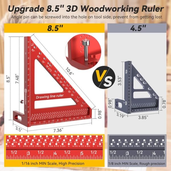 Housolution 8.5Inch 3D 6-in-1 Carpenter Square (1/16" Precision), 0-90° Aluminum Alloy Carpenter Square, Woodworking Protractor Drawing Line, Miter Triangle Ruler High Precision Layout, Red 3 81sAi25VZDL. SL1500