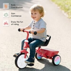 Bobike Toddler Tricycle for Ages 2-5 Years, Tricycle with 2 LED Light Wheels, Toddler Bike with 3-Position Seat and Rear Basket, Kids Bike Gift for Boys & Girl (Red) 16 Bobike Toddler Tricycle for Ages 2-5 Years, Tricycle with 2 LED Light Wheels, Toddler Bike with 3-Position Seat and Rear Basket, Kids Bike Gift for Boys & Girl (Red) - Image 8