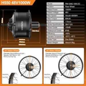 BAFANG 48V 1000W Fat Tire EBike Conversion Kit - Dominate Winter Terrain with High-Torque Rear Hub Motor for 20"/26" Wheels in Deep Snow, Includes Display & Battery（Optional） - Image 4