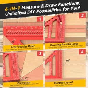 Housolution 8.5Inch 3D 6-in-1 Carpenter Square (1/16" Precision), 0-90° Aluminum Alloy Carpenter Square, Woodworking Protractor Drawing Line, Miter Triangle Ruler High Precision Layout, Red 13 Housolution 8.5Inch 3D 6-in-1 Carpenter Square (1/16" Precision), 0-90° Aluminum Alloy Carpenter Square, Woodworking Protractor Drawing Line, Miter Triangle Ruler High Precision Layout, Red - Image 4