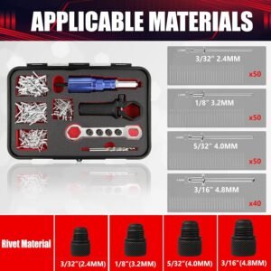 Rivet Gun Adapter Kit,Professional Riveting Insert Nut Hand Tool Kit,2.4/3.2/4.0/4.8mm Diameter Rivet Head, Aluminum Housing, Fit for Cordless Drill,Sheet Metal Work - Image 4