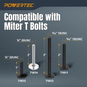 POWERTEC 48" Desk Saw Miter T-Track Set-- Features T-Bar, 5pcs T Knobs & 10pcs 1/4" -20, 1" Long Miter T Port Bolts|Miter T Monitor Equipment for Desk Saw & Hub Desk (72193) - Image 5