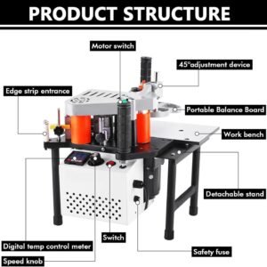 Timber Side Lace Equipment, 1200W Portable Edgebander Arc Straight Side Lace Equipment for Timber Plastic PVC Abdominal Dual Edge Finish Glue Side Bander, 2-6m/ Minutes Rate, 7-60mm Elevation, White - Image 3