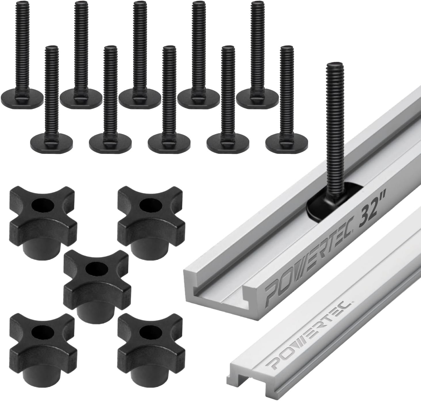 POWERTEC 32" Desk Saw Miter T-Track Set-- Consists Of T-Bar, 5pcs T Knobs & 10pcs 5/16" -18, 2" Long Miter T Port Bolts|Miter T Keep Track Of Add-on for Dining Table Saw & Modem Dining Table (72194)