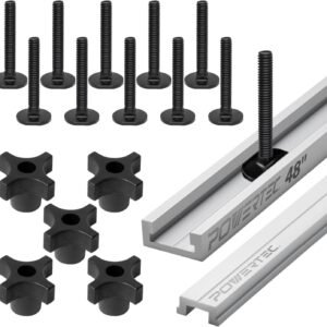 POWERTEC 48″ Desk Saw Miter T-Track Set– Consists Of T-Bar, 5pcs T Knobs & 10pcs 5/16″ -18, 2″ Long Miter T Port Bolts|Miter T Keep Track Of Add-on for Dining Table Saw & Modem Dining Table (72195)