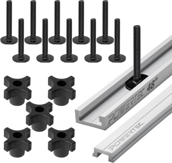 POWERTEC 48" Desk Saw Miter T-Track Set-- Consists Of T-Bar, 5pcs T Knobs & 10pcs 5/16" -18, 2" Long Miter T Port Bolts|Miter T Keep Track Of Add-on for Dining Table Saw & Modem Dining Table (72195)
