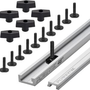 POWERTEC 48" Desk Saw Miter T-Track Set-- Features T-Bar, 5pcs T Knobs & 10pcs 1/4" -20, 1" Long Miter T Port Bolts|Miter T Monitor Equipment for Desk Saw & Hub Desk (72193)