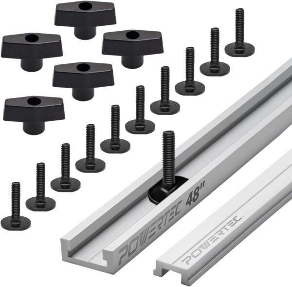 POWERTEC 48" Desk Saw Miter T-Track Set-- Features T-Bar, 5pcs T Knobs & 10pcs 1/4" -20, 1" Long Miter T Port Bolts|Miter T Monitor Equipment for Desk Saw & Hub Desk (72193)