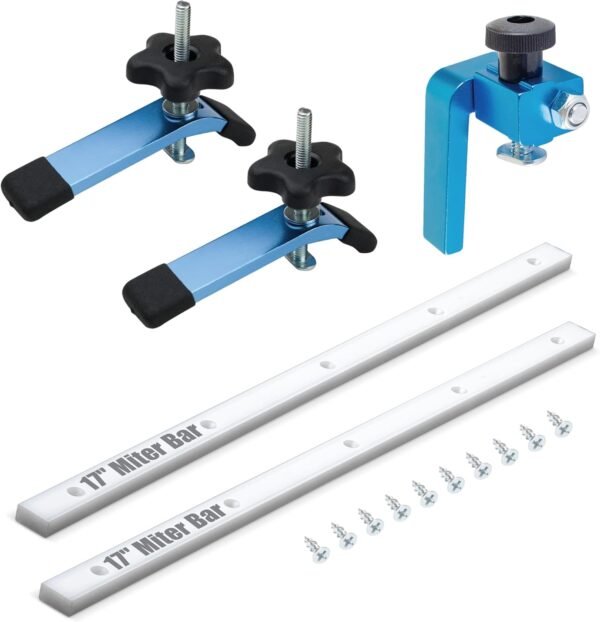 POWERTEC Dining Table Viewed Dogsled Set, 17" Predrilled Miter Pub, 5-1/2" Hold back Clamp & 3" Fencing Flip Cease, Suits Requirement 3/4" x 3/8" Miter Port, Best for Woodworing, Modem Dining Table, Bandsaw (72218)