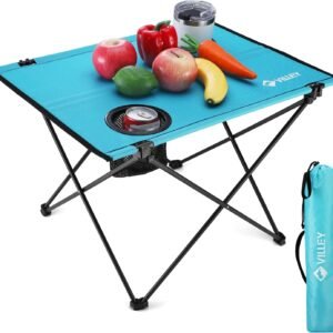 VILLEY Foldable Camping Outdoors Dining Table, Lightweight Portable Seaside Dining Table along with 2 Mug Owners & Carry Bag for Camping Outdoors, Seaside, Angling, Traveling, as well as Outdoor Tasks (Tiny)