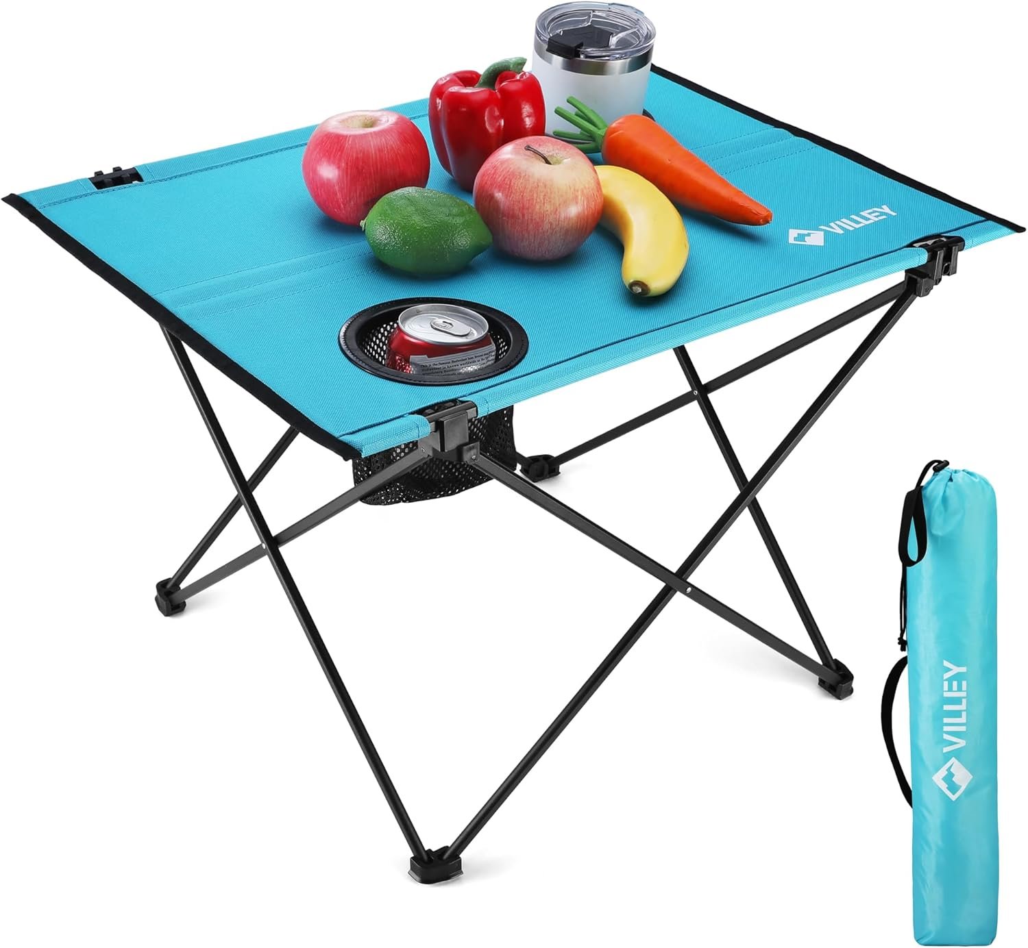 VILLEY Foldable Camping Outdoors Dining Table, Lightweight Portable Seaside Dining Table along with 2 Mug Owners & Carry Bag for Camping Outdoors, Seaside, Angling, Traveling, as well as Outdoor Tasks (Tiny)