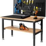 60 In Job Workbench for Garage Adjustable Elevation Workbenches along with Under Desk Rack Pegboard Pad Electrical Power Outlets Bench for Wood Working, Home, Workplace, Workshop