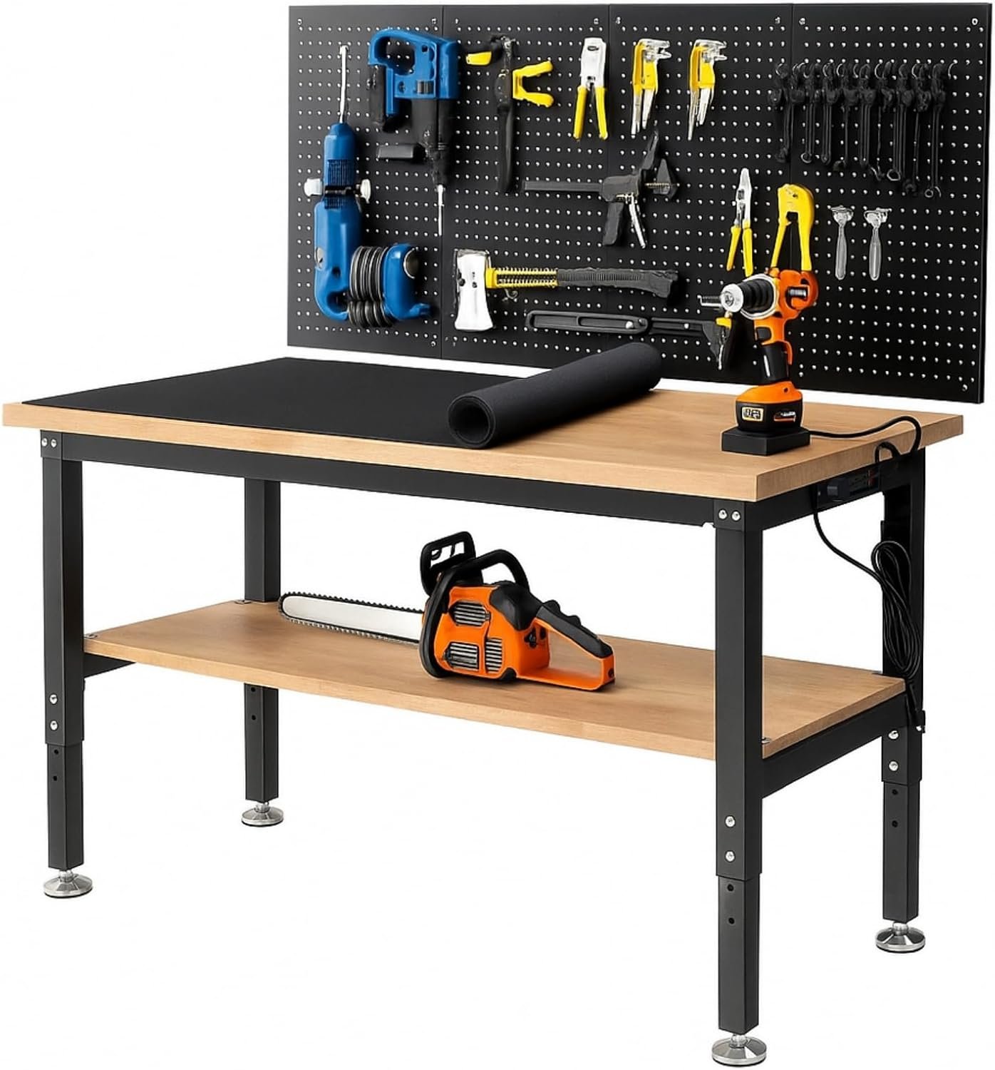 60 In Job Workbench for Garage Adjustable Elevation Workbenches along with Under Desk Rack Pegboard Pad Electrical Power Outlets Bench for Wood Working, Home, Workplace, Workshop