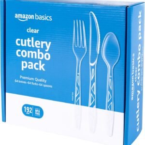 Amazon Basics Disposable Clear Assorted Cutlery Set, Premium Quality, 192 Count, Large Combo Pack Forks, Spoon and Knives