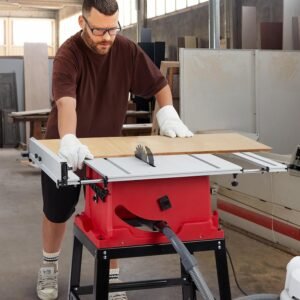 Desk Saw, 10 in 15A Multifunctional Found Along With Stand Up & Press Stick, 90 ° Cross Cut & 0-45 ° Bevel Cut, 5000RPM, Adjustable Cutter Elevation for Carpentry, Reddish - Image 7