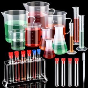 Baderke 28 Pcs Beakers and also Exam Tubes Establish Featuring 3 Arranged Cyndrical Tube 5 Plastic Beakers 3 Erlenmeyer Bottle 10 Droppers 6 Plastic Exam Tubes along with Shelf for Home Scientific Research Laboratory Gathering Do-it-yourself
