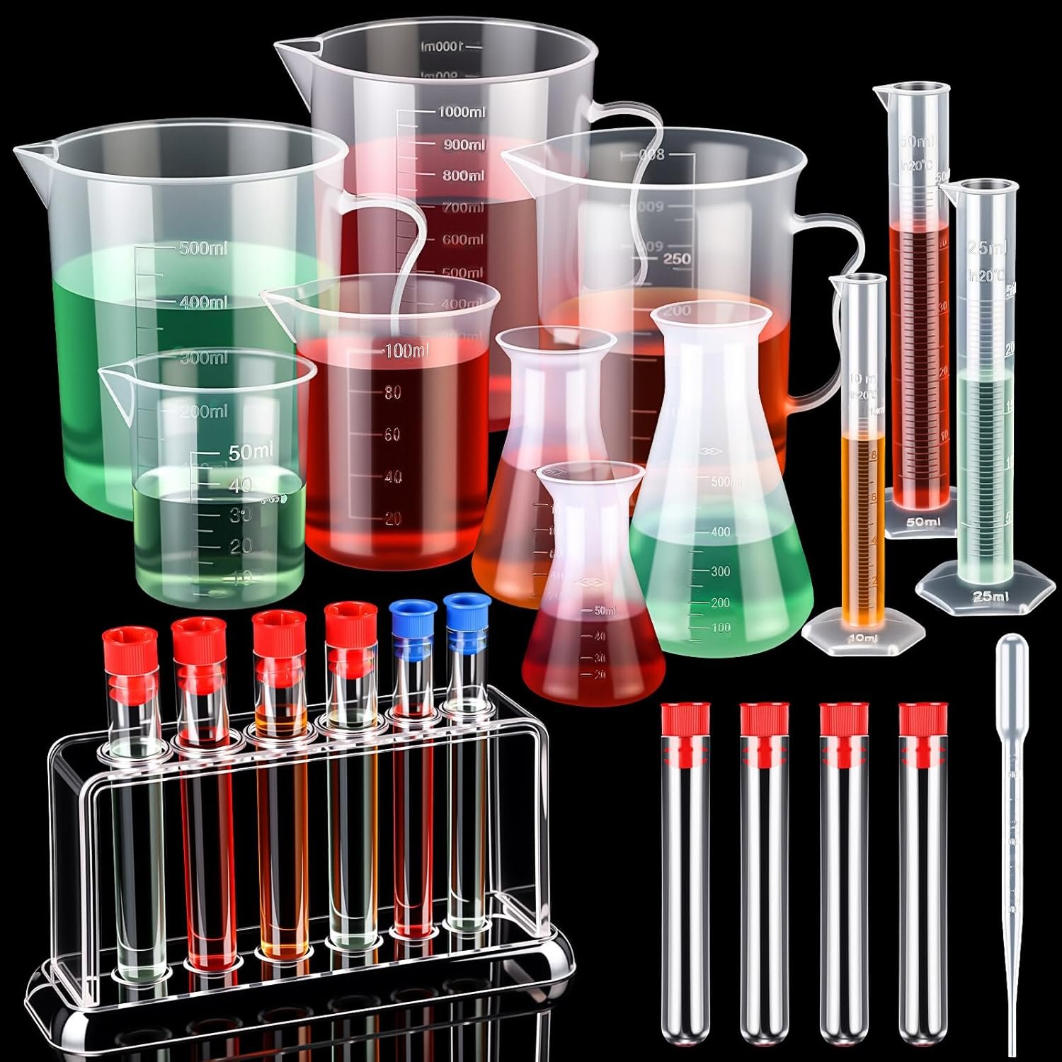 Baderke 28 Pcs Beakers and also Exam Tubes Establish Featuring 3 Arranged Cyndrical Tube 5 Plastic Beakers 3 Erlenmeyer Bottle 10 Droppers 6 Plastic Exam Tubes along with Shelf for Home Scientific Research Laboratory Gathering Do-it-yourself